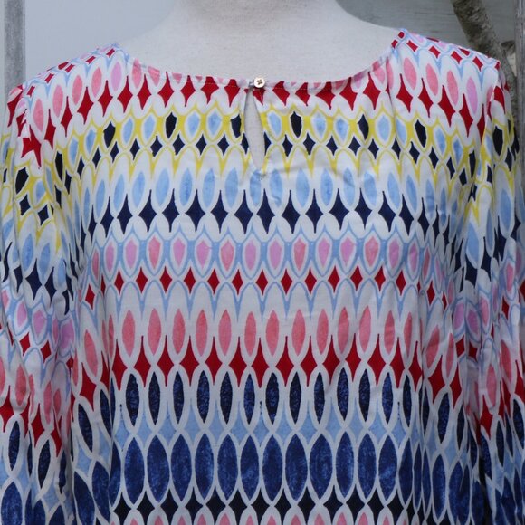 Talbots Multicolor Diamond Print Keyhole w Button Neck Tie Cuffs Rayon Tunic XL - Picture 3 of 10